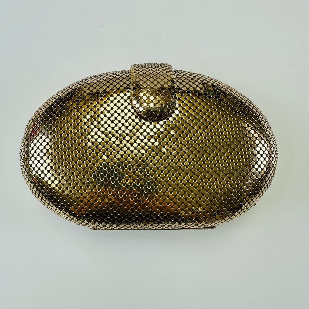 Whiting & Davis gold mesh oval clamshell clutch evening bag with long chain Glam